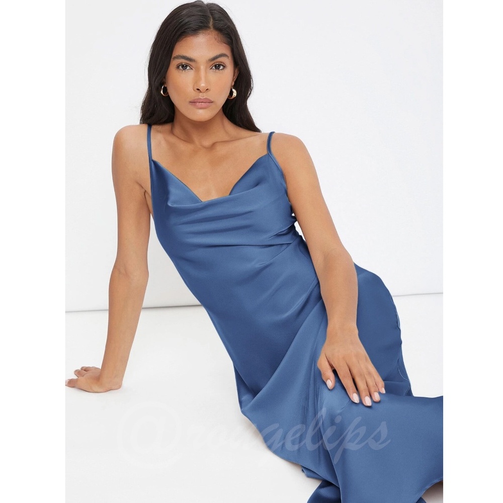 Blue Satin Cami Dress Midi Adjustable Spaghetti Straps - Picture 5 of 7